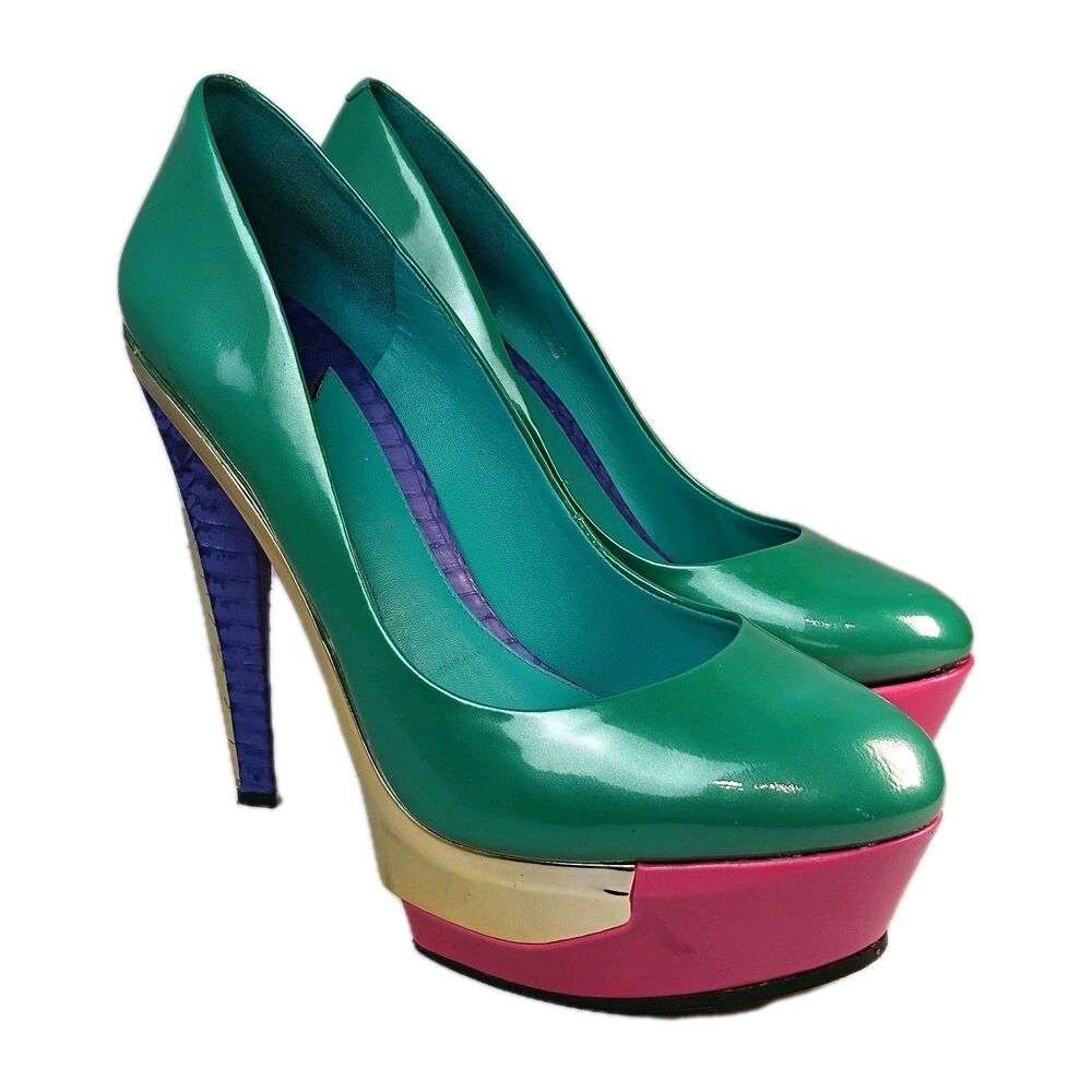 Brian Atwood Turquoise Multicolor Platform Shoes Metal-Detail Pump Size‎ 8.5